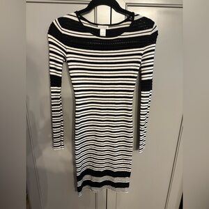 Cache Black and White Striped Long Sleeve Bodycon sweater dress XS